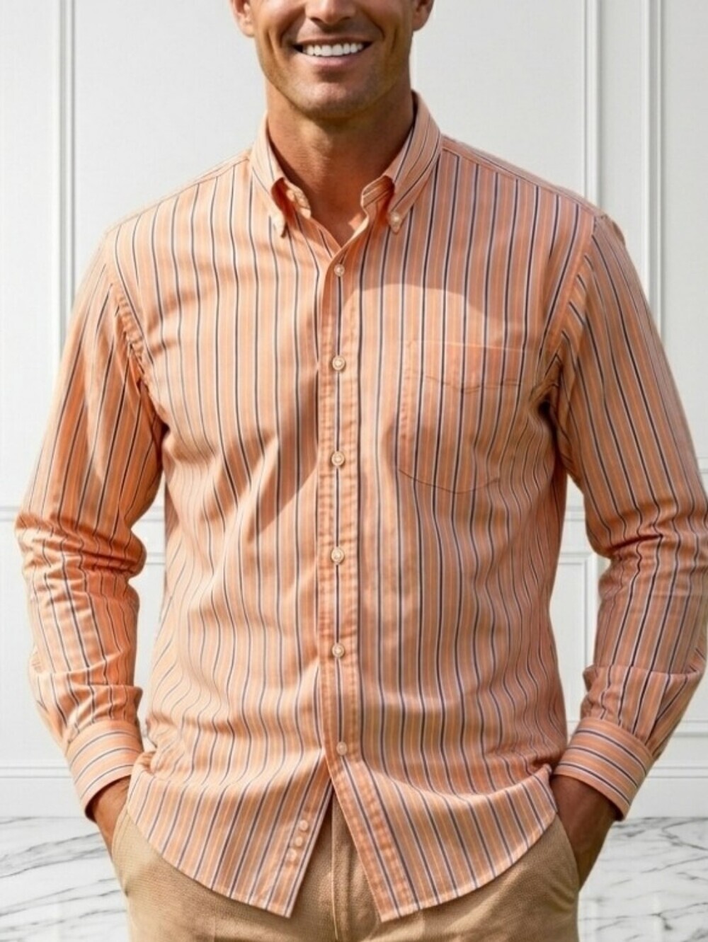 Vintage Ralph Lauren Blue Label Men's Shirt Large Two Ply Cotton Orange Cream